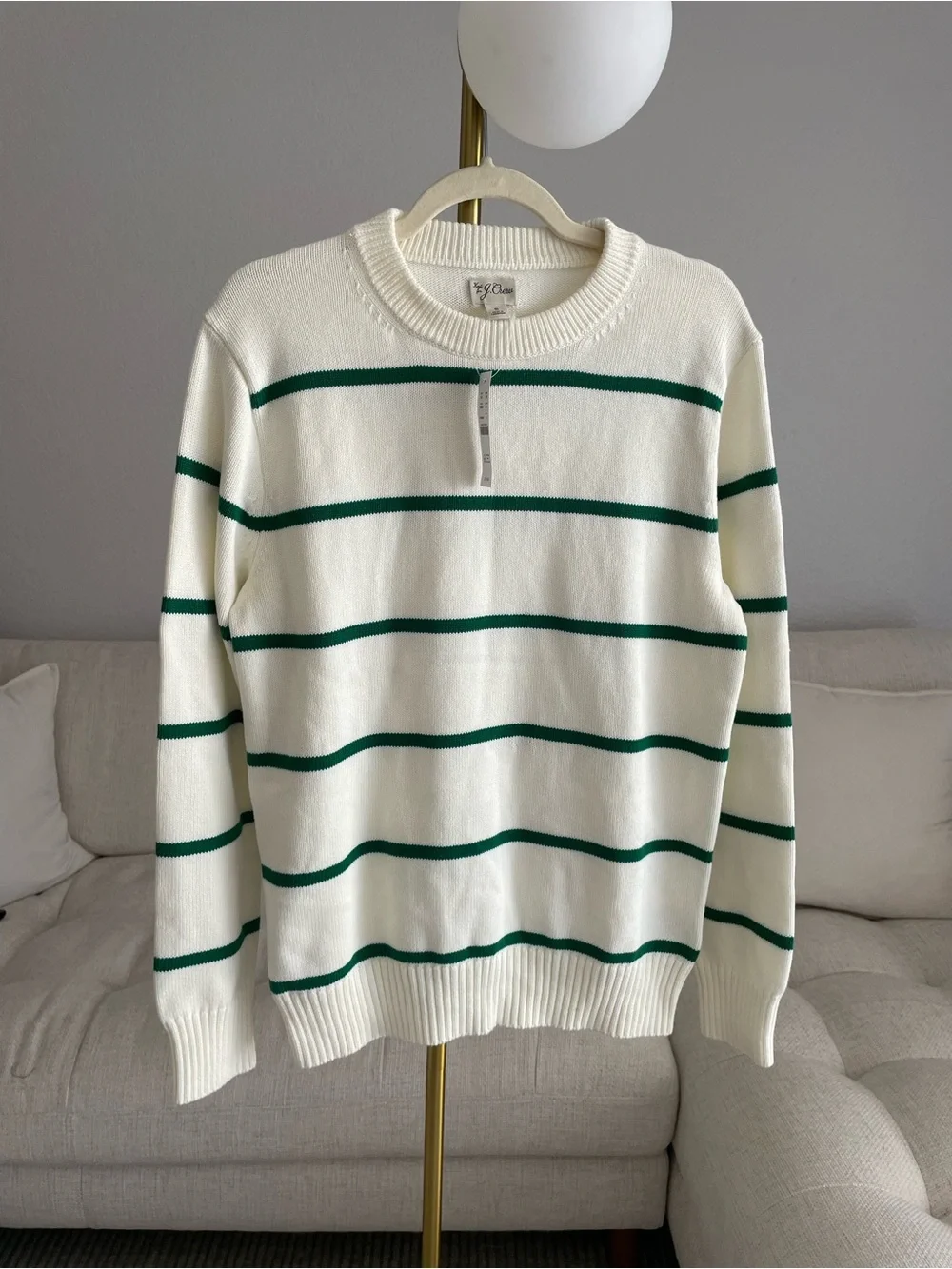 NWT J.Crew Heritage 100% Cotton Crewneck Sweater Ivory Jungle Green Stripe $118